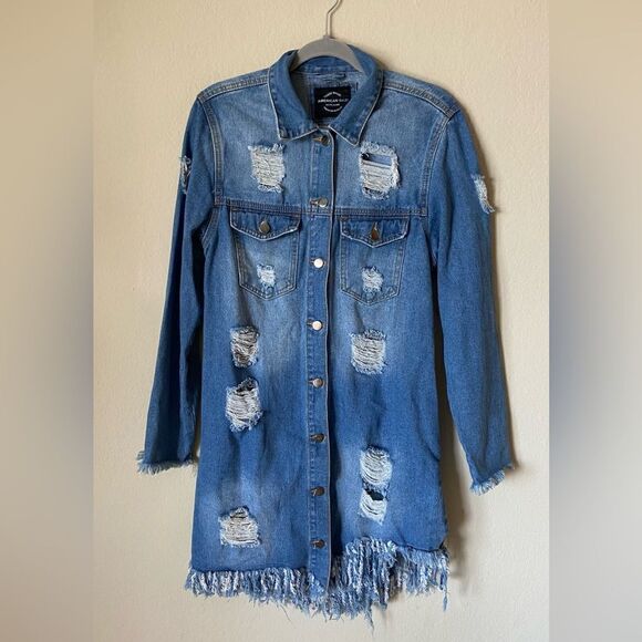American Bazi Denim Blue Jean Jacket Distressed Long Length Size M - Picture 6 of 10